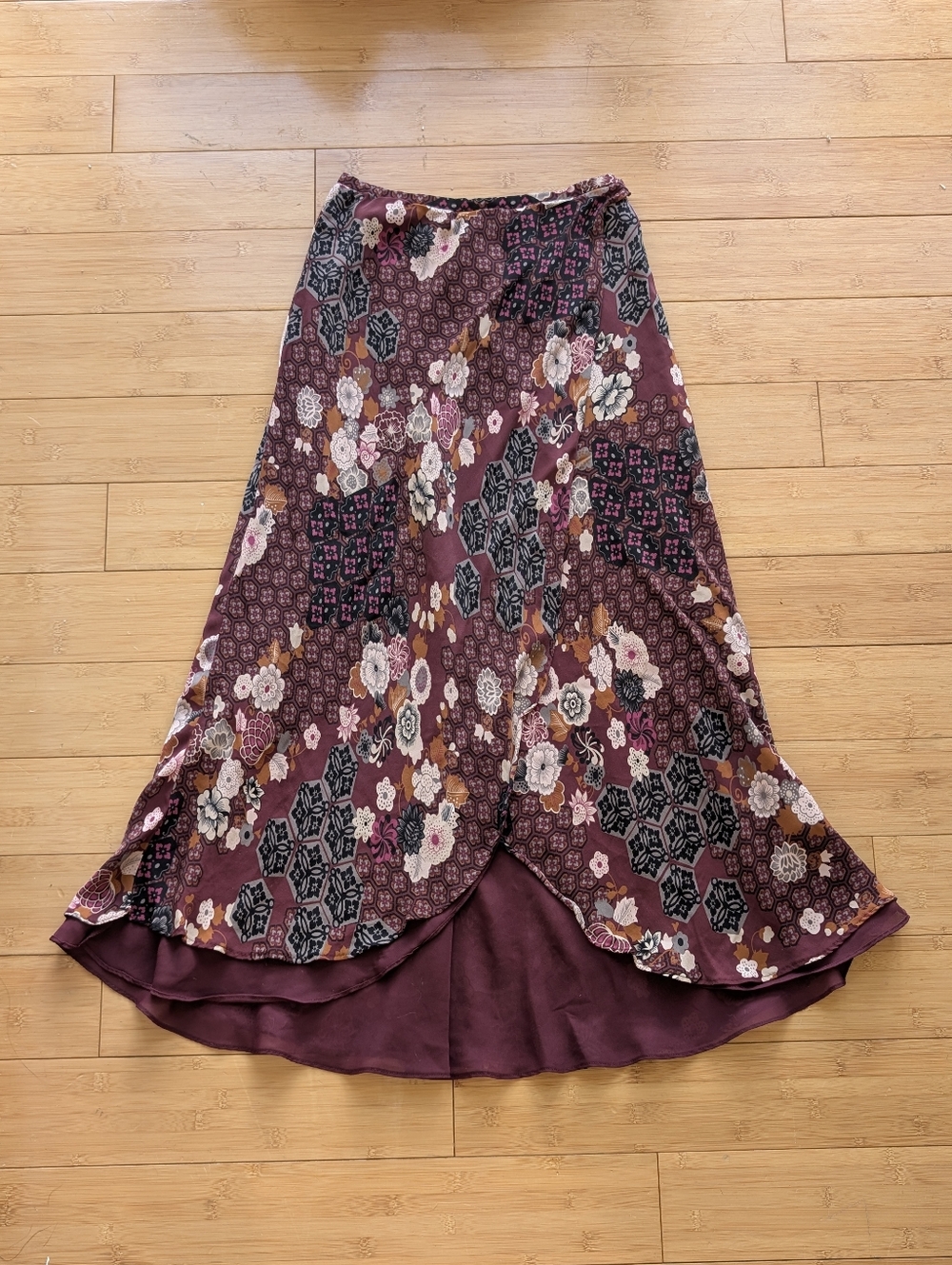Alfani Floral Y2K Patchwork Boho Maxi Skirt Burgundy